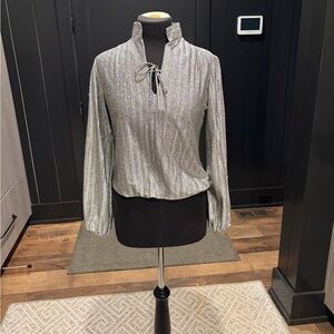 Vintage Judy Bond Silver Metallic Ribbed Tie-Neck Top